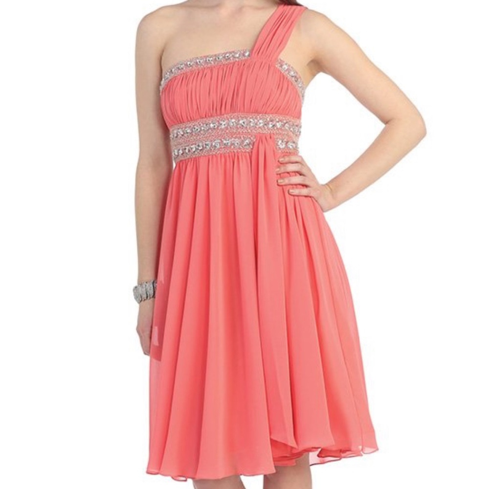 MAY QUEEN HAND BEADED ASYMMETRICAL DRESS: CORAL: NWT: SZ 20